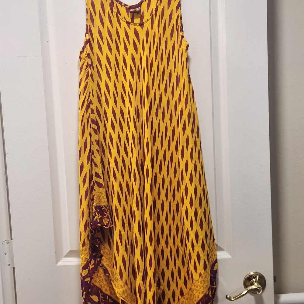 VTG Mudd Rayon Sharkbite Midi Dress | Free Size | Boho Ikat Diamond Print India